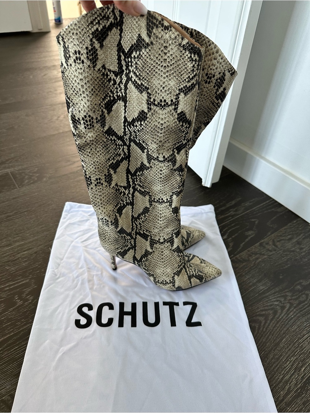 SCHUTZ Snake-Print Knee High Stilettos in Beige and Black